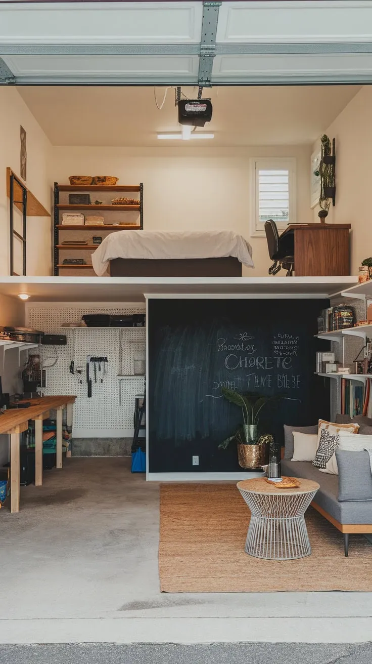 This stylish garage apartment features a lofted sleeping area with a desk, a comfortable living space, and a practical workshop area all within a bright, concrete-floored space.