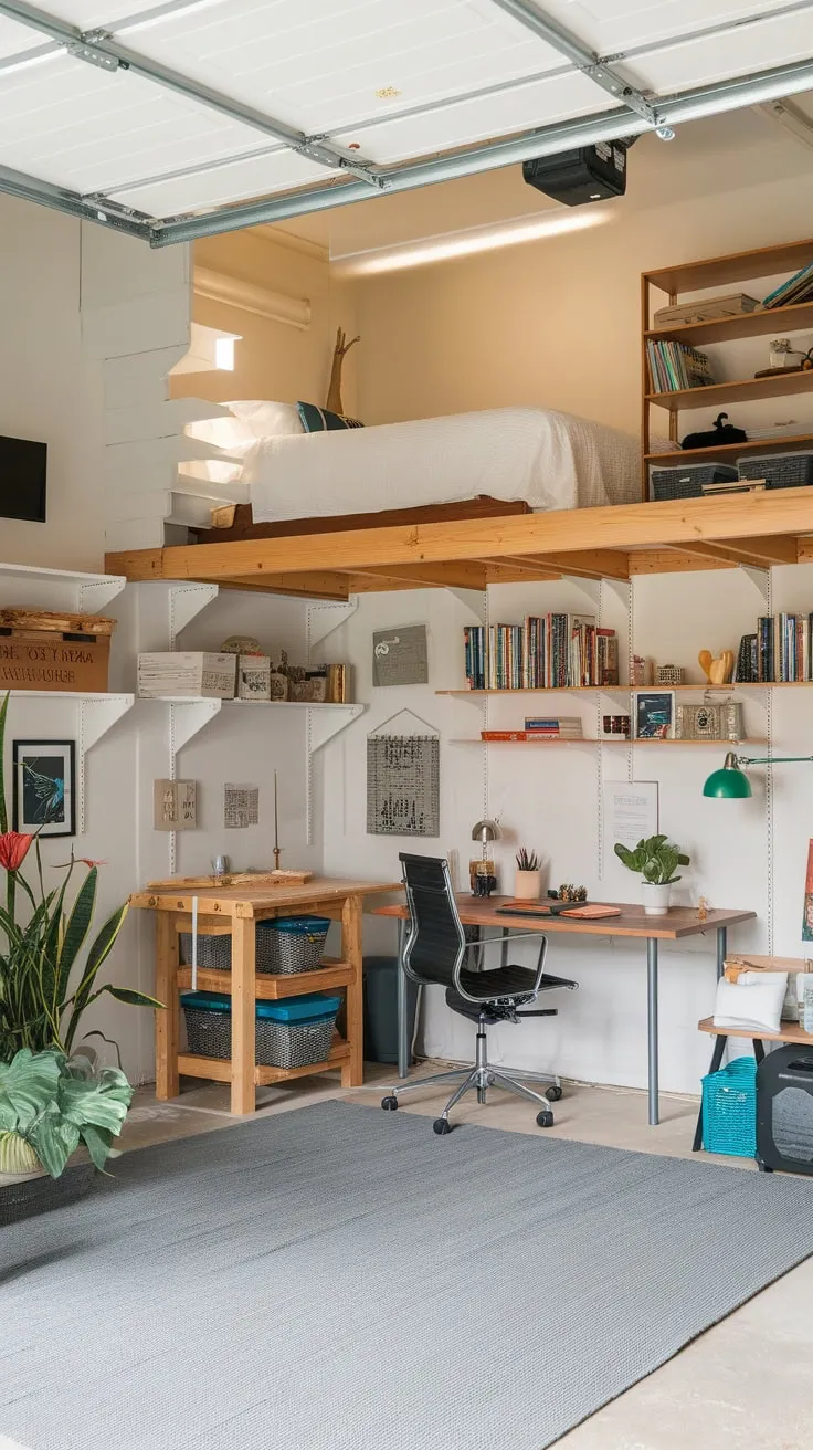 This converted garage offers a surprisingly spacious and comfortable living area with a queen bed, desk, and ample storage.