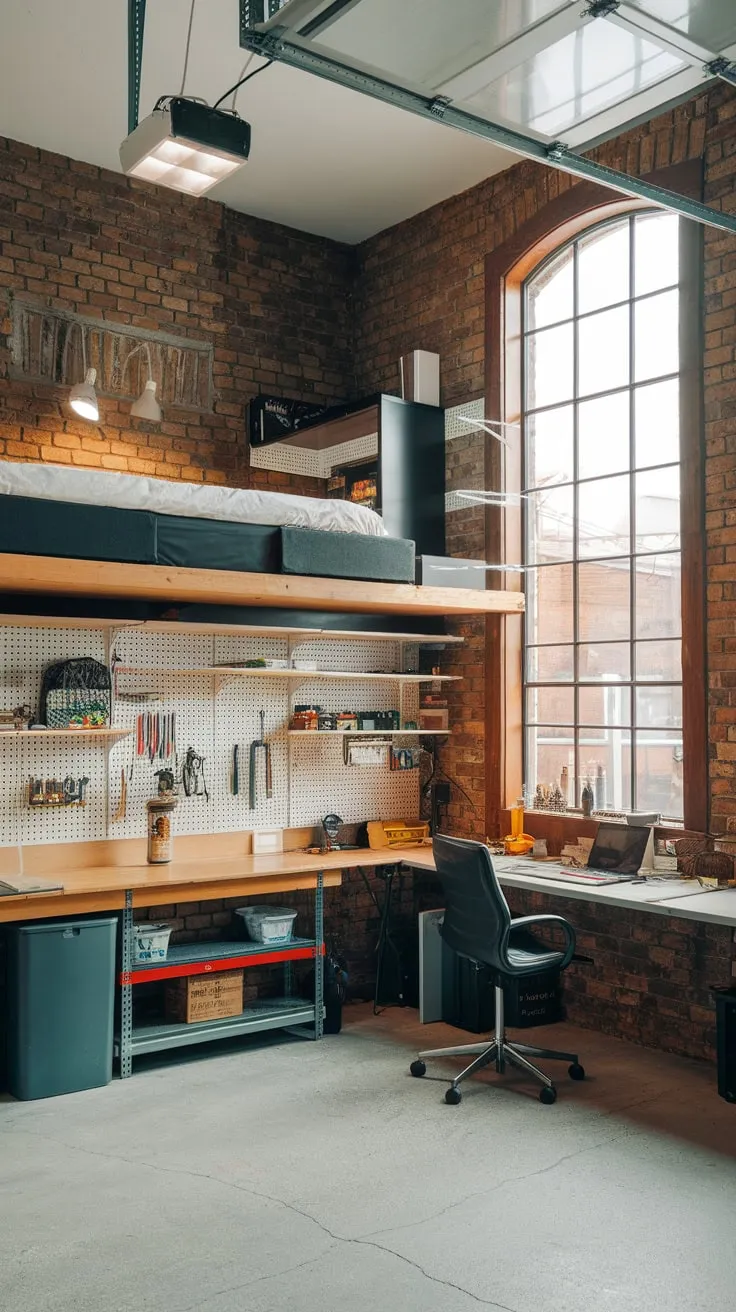 A mezzanine loft conversion transforms a garage into a charming living space with a workspace below and sleeping area above, all featuring exposed brick.