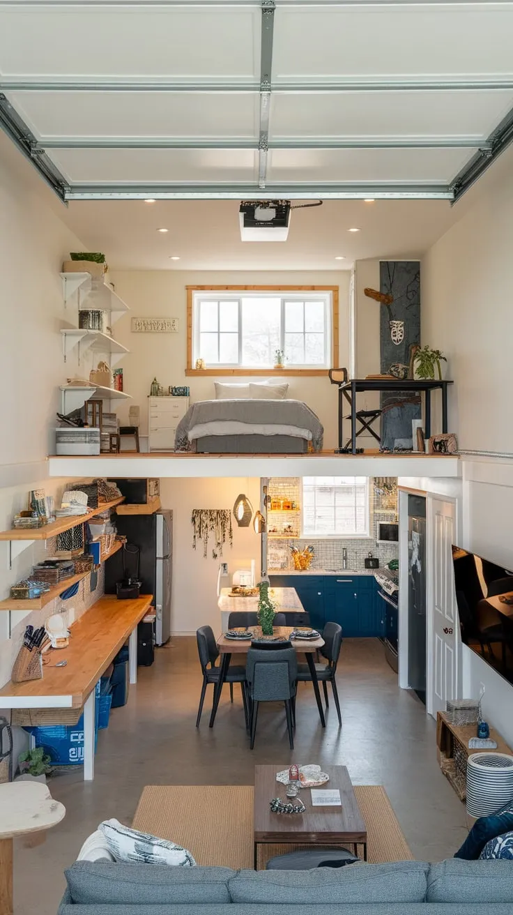 A modern garage conversion boasts a stylish loft apartment with mezzanine sleeping area, complete kitchen, and dedicated workspace.