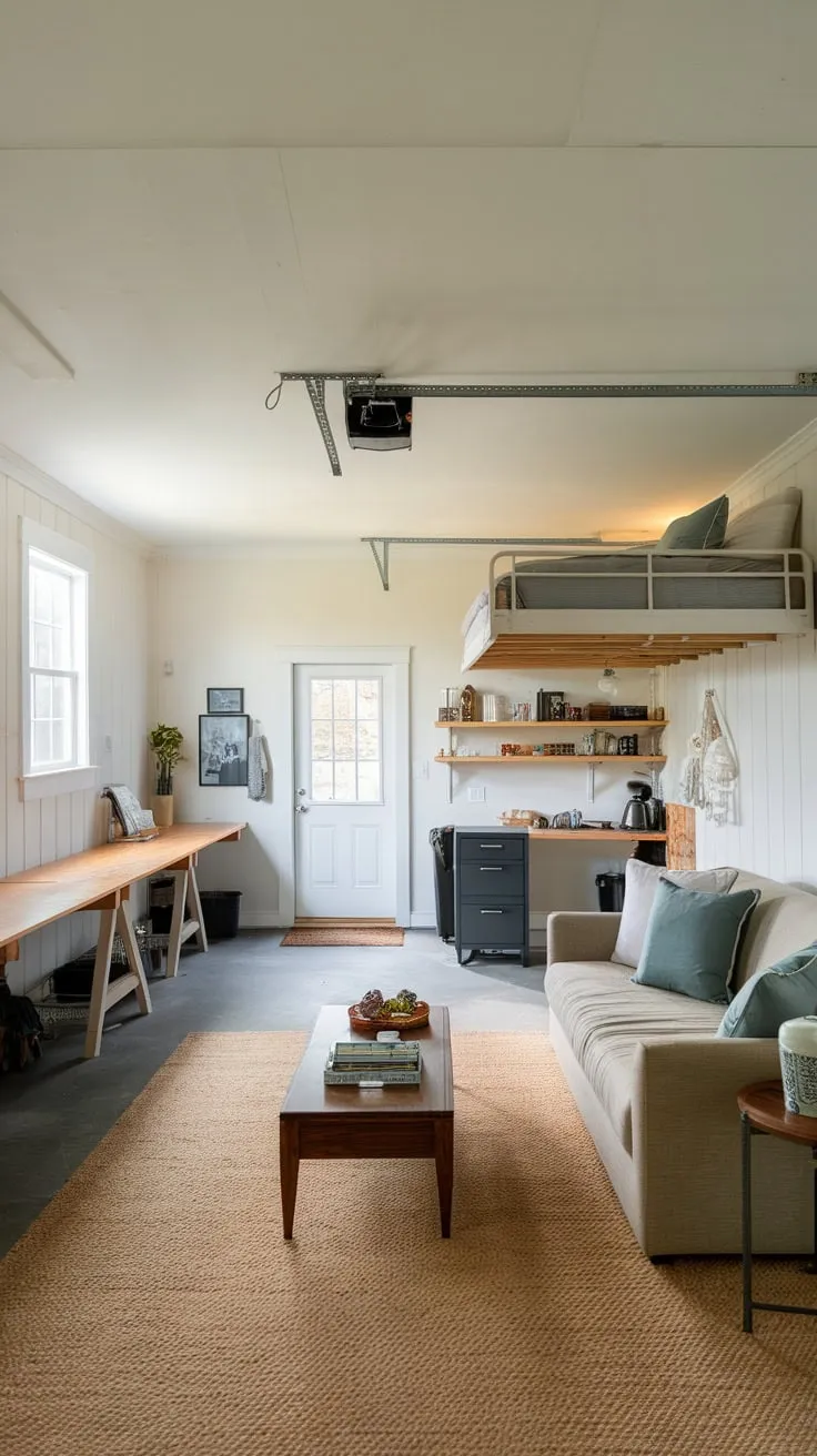 A lofted-ceiling garage apartment boasts a cozy living area, workspace, and kitchenette, perfectly blending comfort and functionality