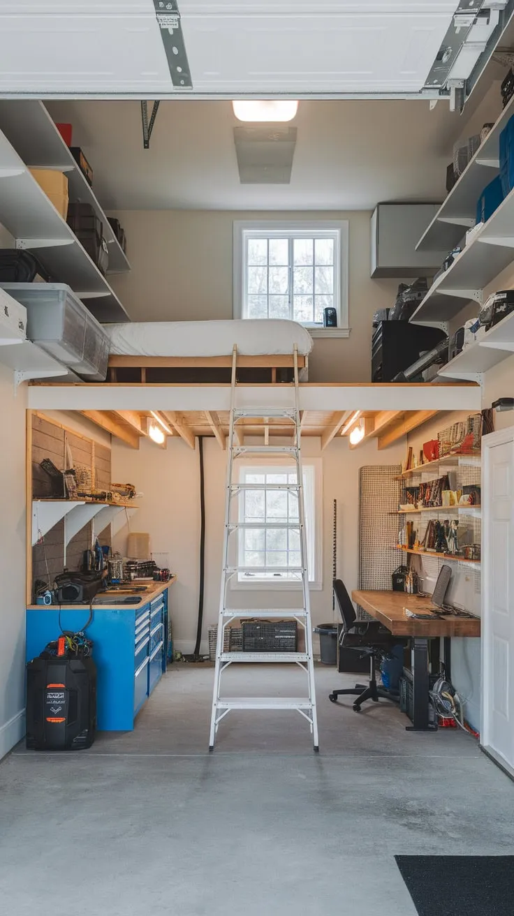 This converted garage offers a compact yet versatile living space featuring a ground-floor workshop and an upstairs mezzanine with a bed, desk, and storage.