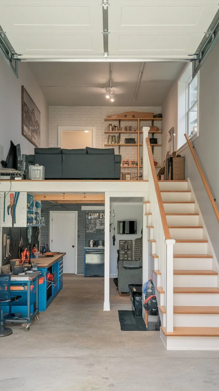 A stylish garage apartment boasts a workshop below and a mezzanine living space above, complete with kitchen and entertainment area.