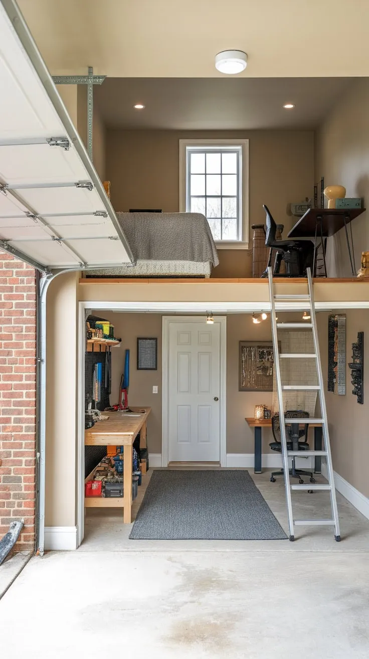 A cozy garage apartment features a workshop below and a mezzanine loft with sleeping and workspace above, offering unique urban living.
