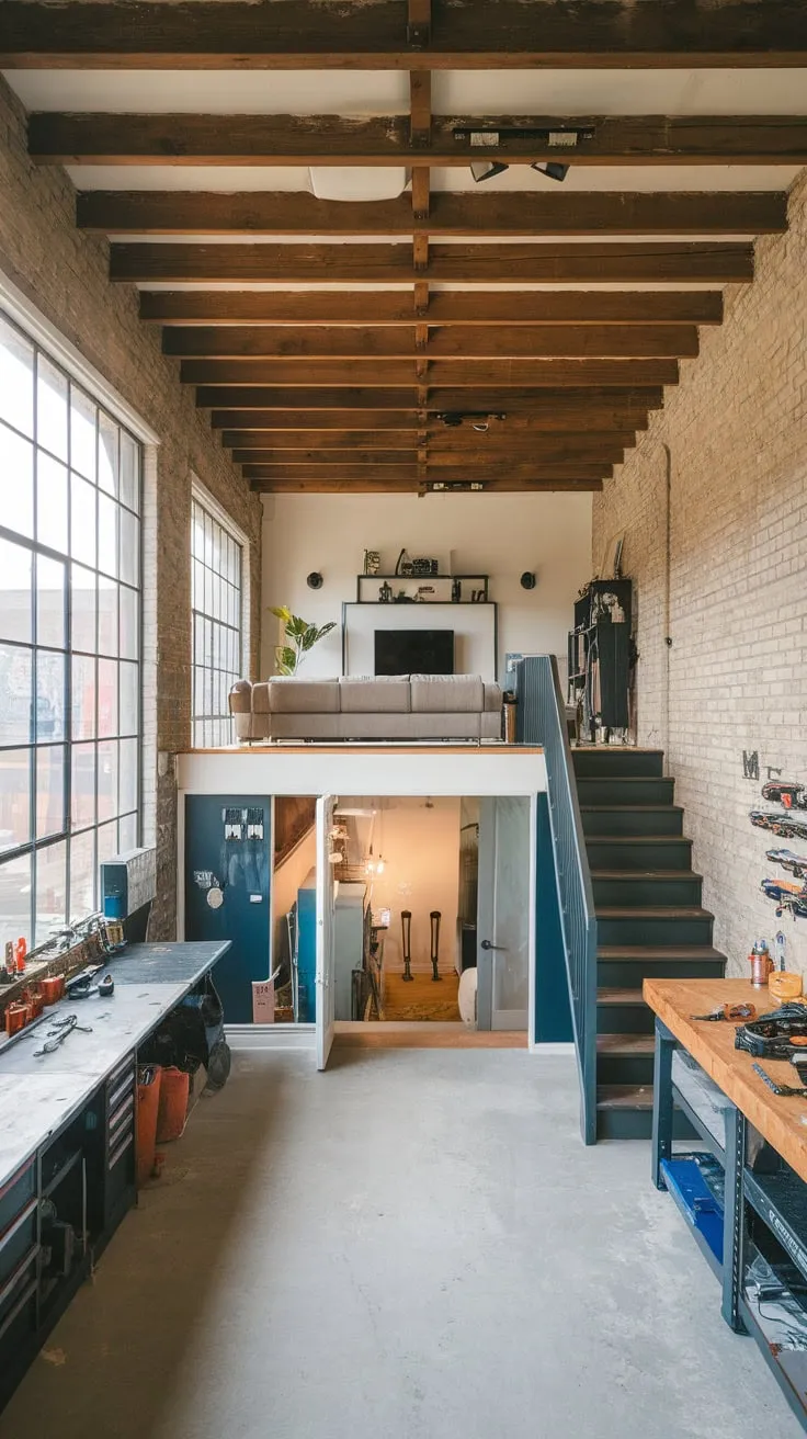 Rustic charm meets modern living in this garage apartment with a mezzanine loft, complete with workshop and abundant natural light.