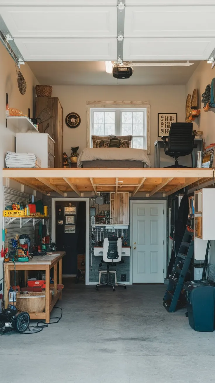 A functional garage apartment boasts a workshop below and a cozy mezzanine bedroom and office above.