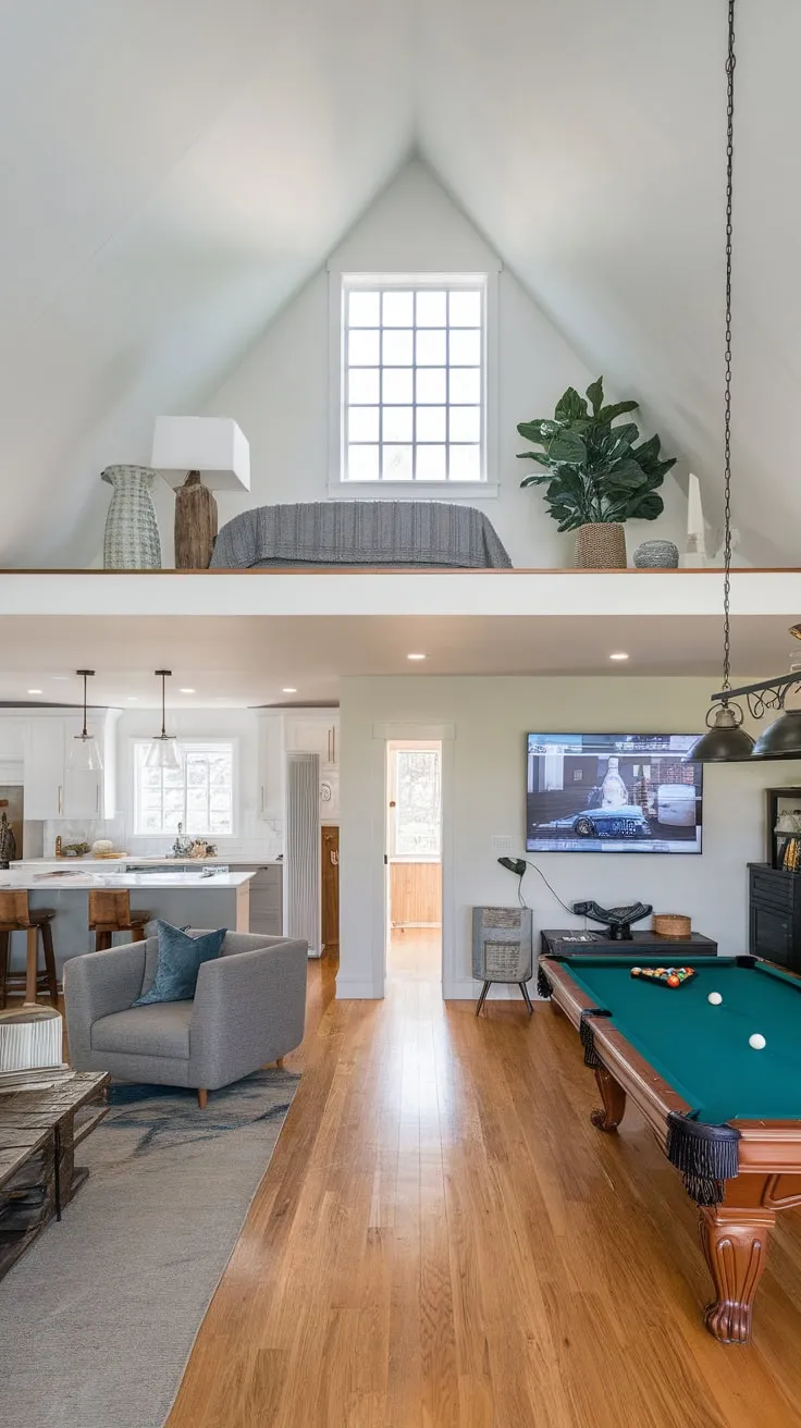 A white-walled garage conversion offers a cozy loft apartment and a fun man cave featuring a pool table, all with wood floors and ample natural light.