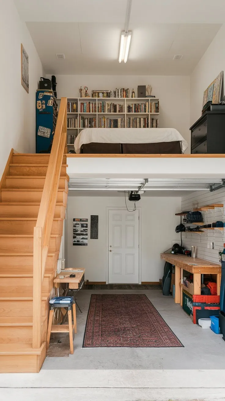 A charming garage apartment boasts a cozy loft bedroom above a well-equipped workshop.