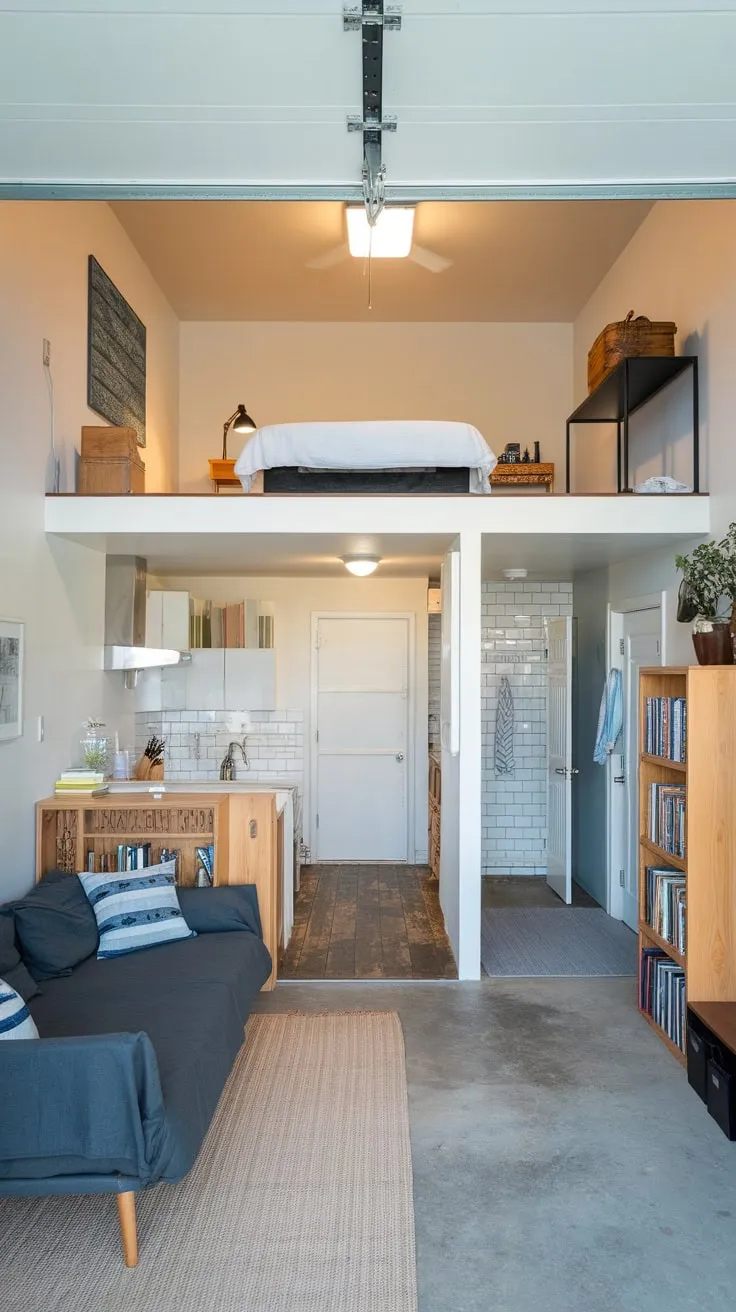 A cozy and functional garage apartment offers a lofted sleeping area and downstairs living space, perfect for comfortable and convenient living.