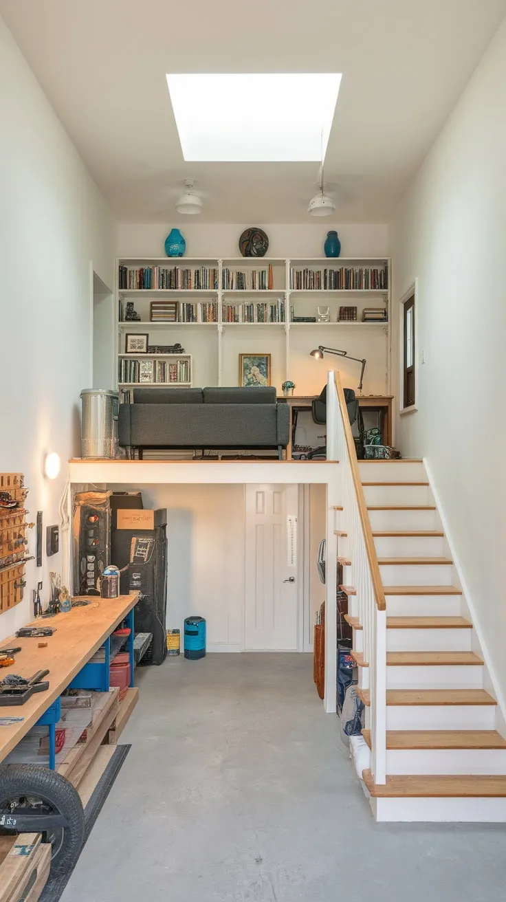 A bright white garage apartment boasts a workshop below and a mezzanine loft with living space above