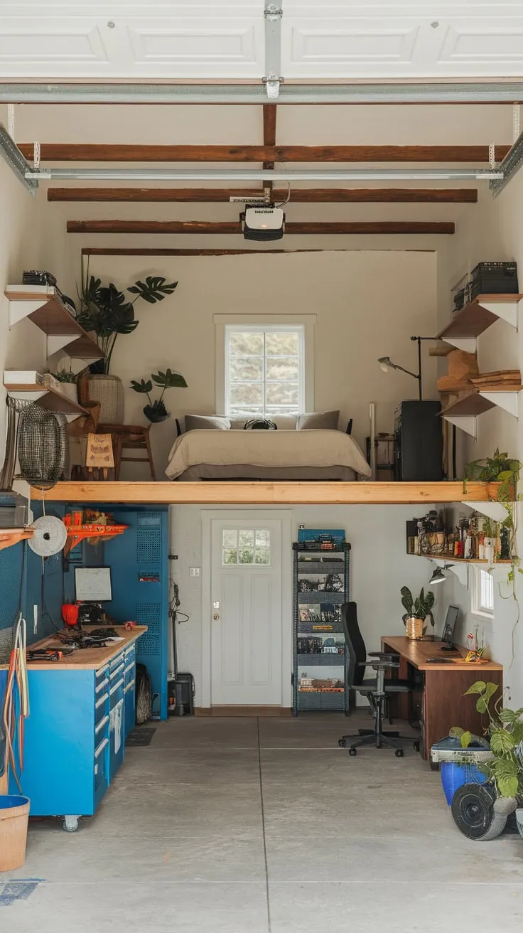 A rustic garage loft boasts a workshop below and a cozy mezzanine bedroom above, complete with charming exposed beams and wooden accents.
