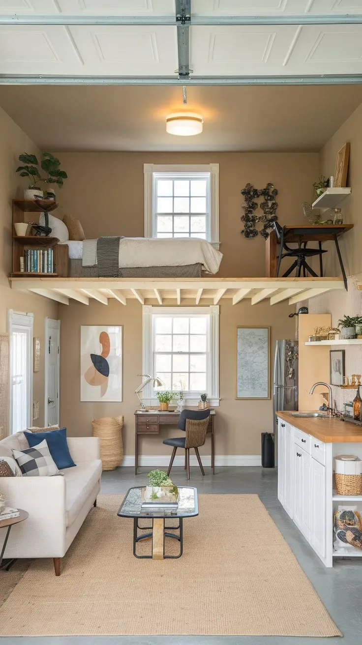 A cleverly converted garage offers a surprisingly spacious apartment with a loft bed and comfortable ground floor living.