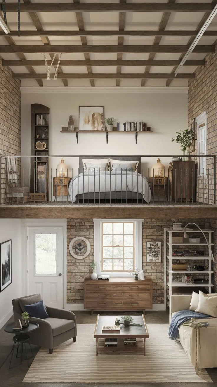 Escape to a rustic garage loft featuring a cozy bedroom, relaxing living space, and dedicated man cave, all under a charming mezzanine.