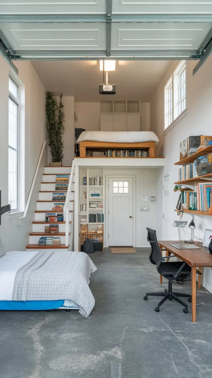 A stylish garage apartment boasts a lofted bedroom above an industrial-chic living space complete with a bed, desk, and bookshelf