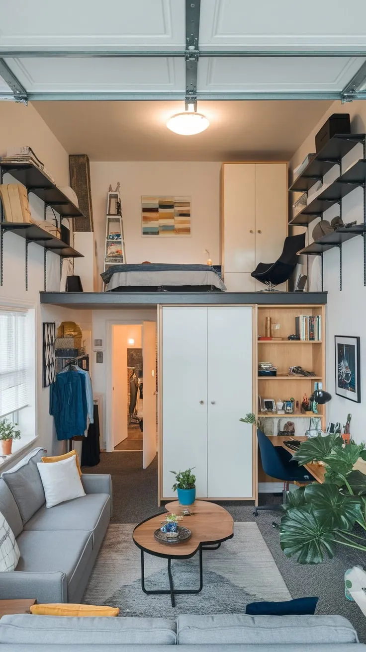 A well-lit loft-style garage apartment features a mezzanine sleeping area and a comfortable ground floor living space with modern design.