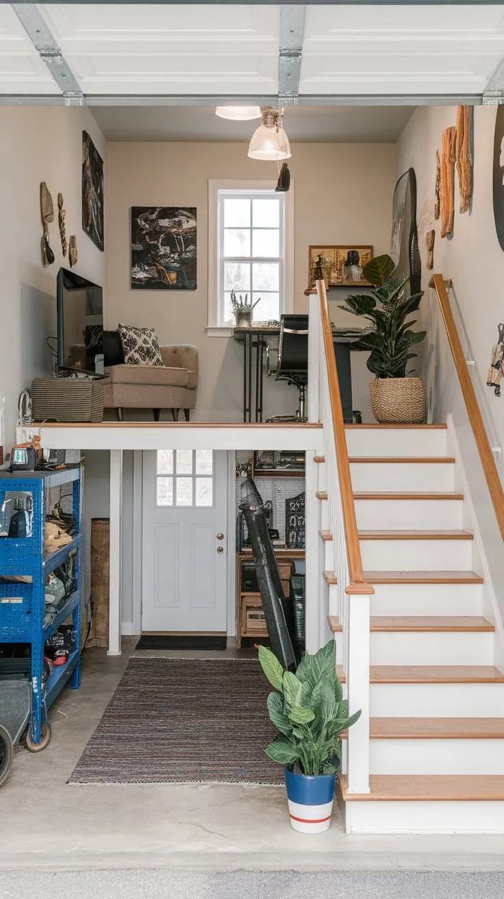 A cozy lofted garage apartment offers a functional shop below and a surprisingly comfortable living space above.