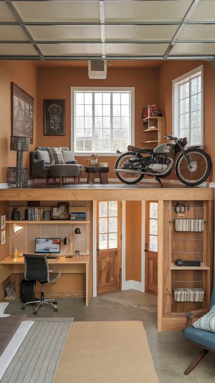 This warm-hued garage loft offers a comfortable living space complete with a bed, seating area, and a workspace, perfect for a man cave retreat.