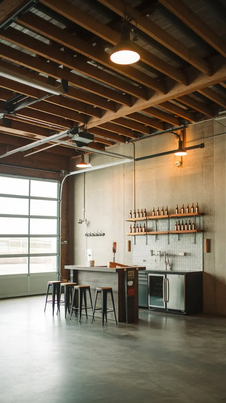 Rustic charm meets industrial cool in this garage bar, boasting exposed beams, a concrete floor, and a fully stocked counter.
