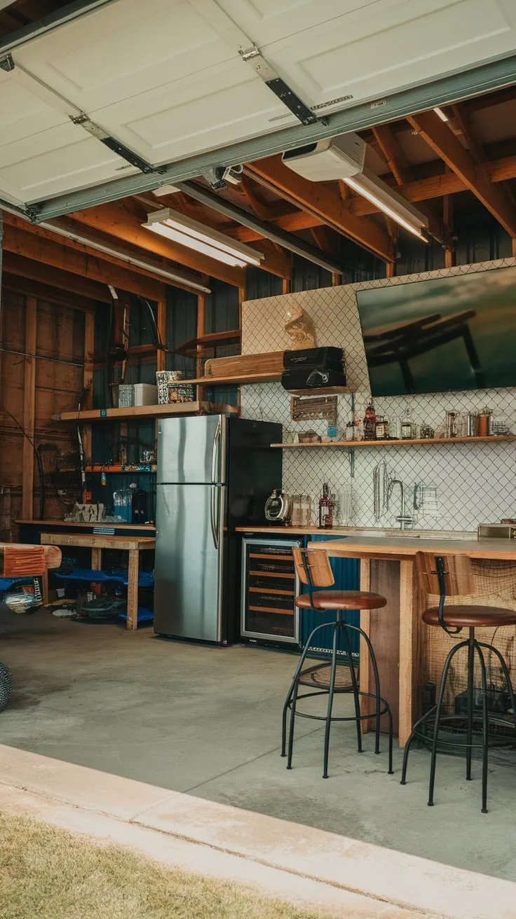 A bright barndominium garage bar boasts a functional industrial design complete with a fridge, sink, bar stools, and TV, blending entertaining with workshop practicality