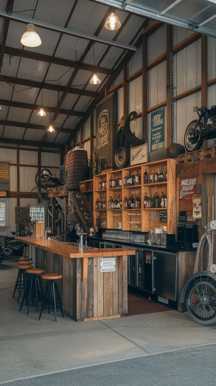 A high-ceilinged barn houses a charming wooden garage bar complete with vintage motorcycle, ample shelving, and industrial concrete flooring.