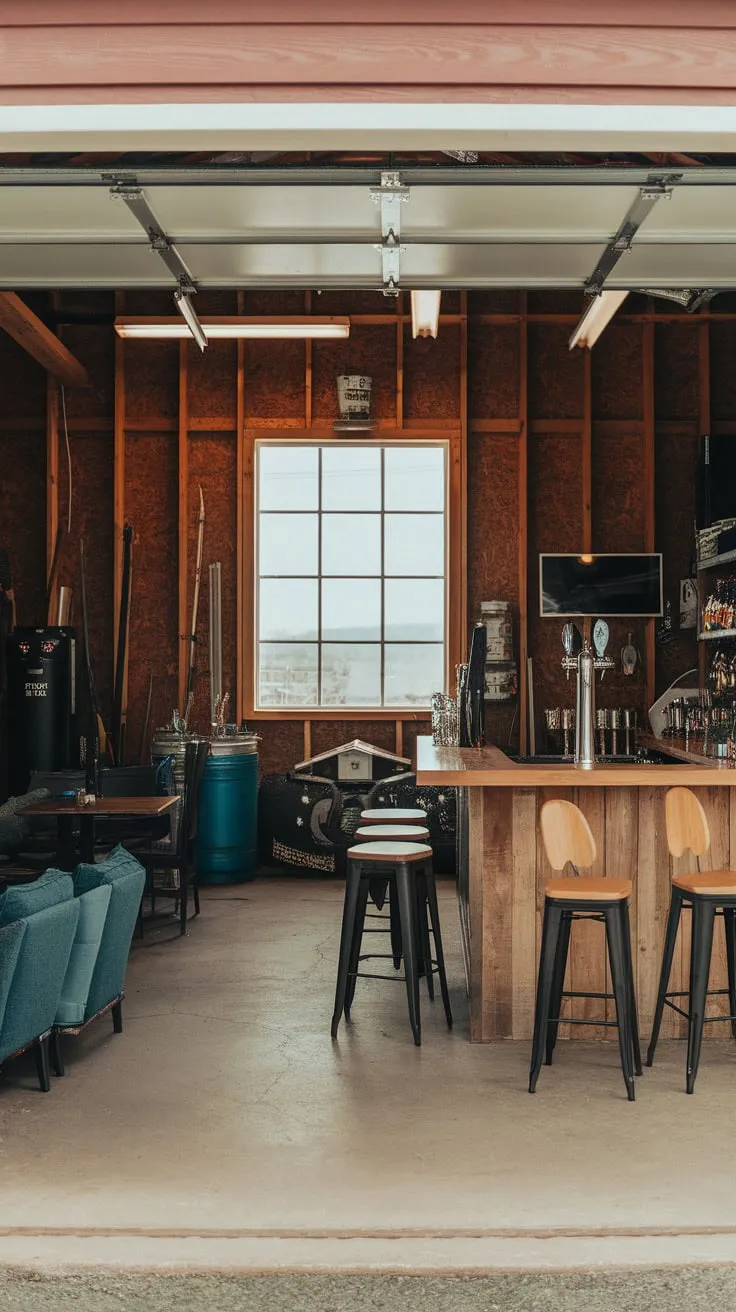 Rustic charm meets industrial grit in this barndominium garage bar, where tools and beer taps coexist under bright lights