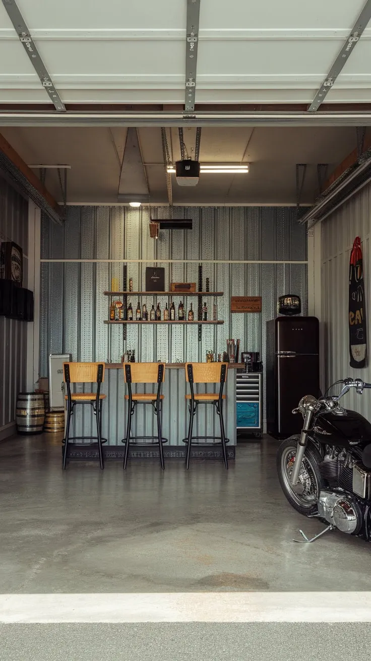 Industrial chic meets motorcycle haven in this garage bar, complete with concrete floors and a fully stocked refreshment station.