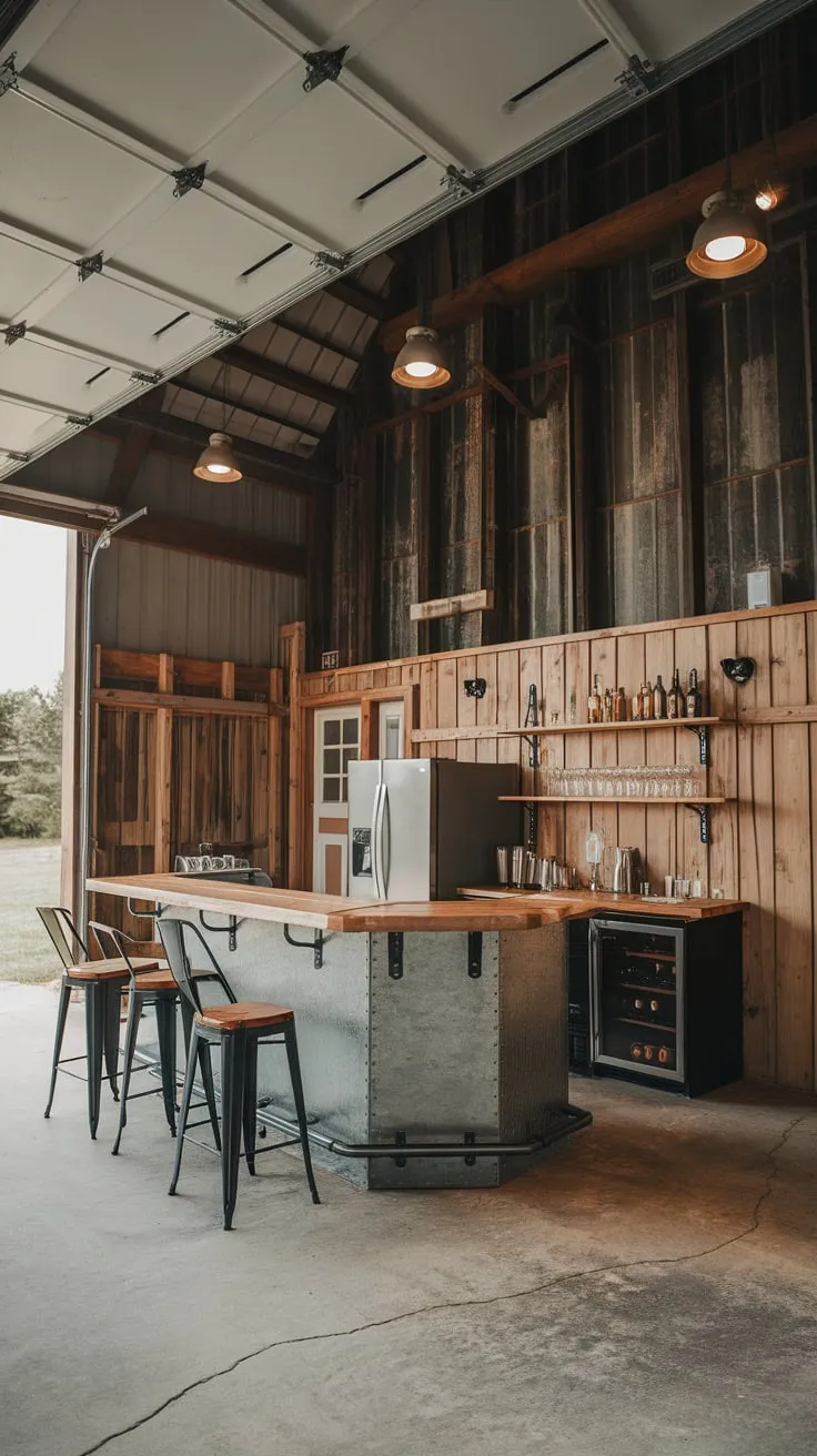 Rustic charm meets industrial edge in this barn-style garage bar, complete with wood and metal accents and a spacious, high-ceilinged atmosphere.
