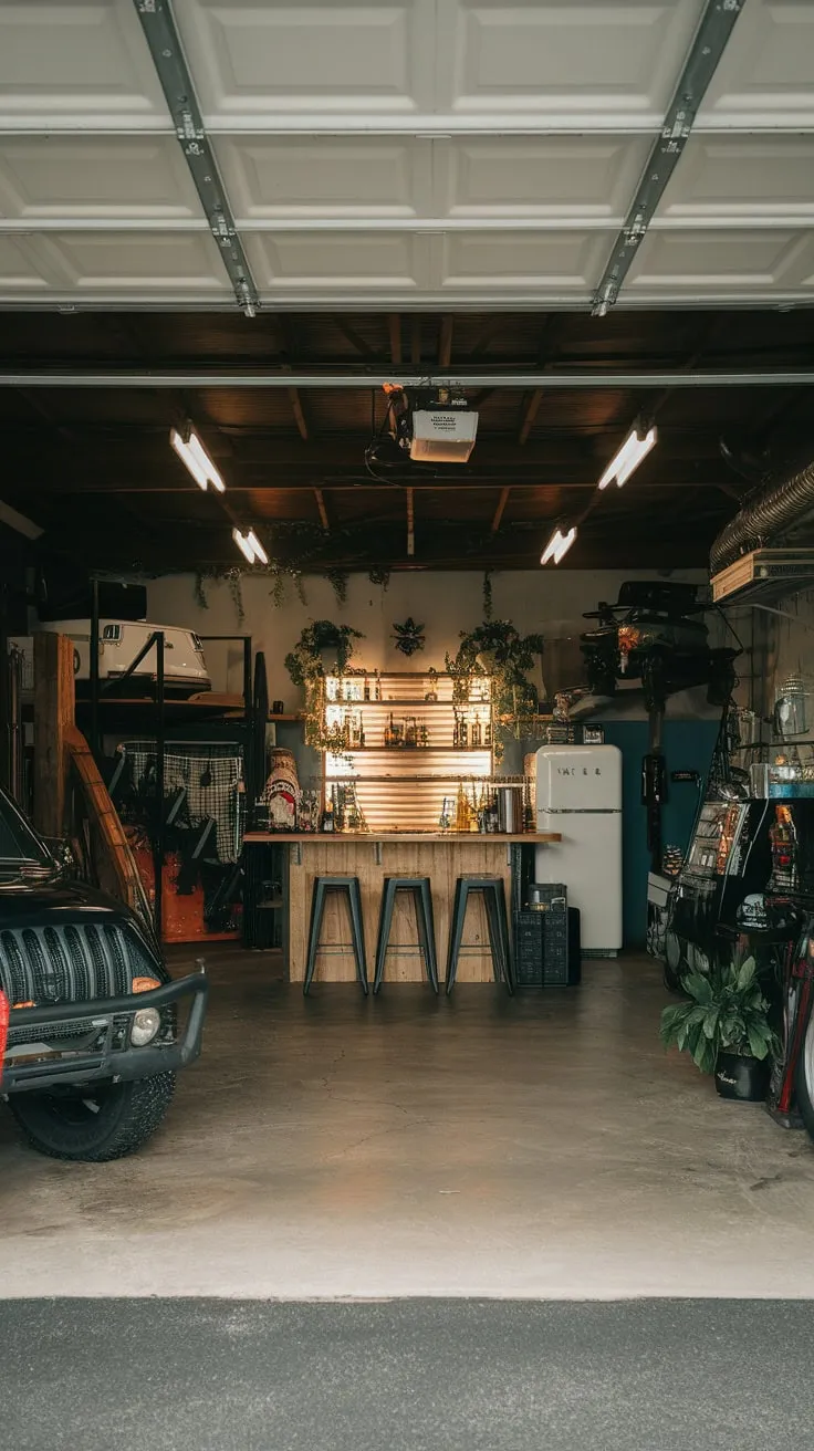 A man cave garage bar blends industrial design with functional tools and a surprisingly inviting atmosphere