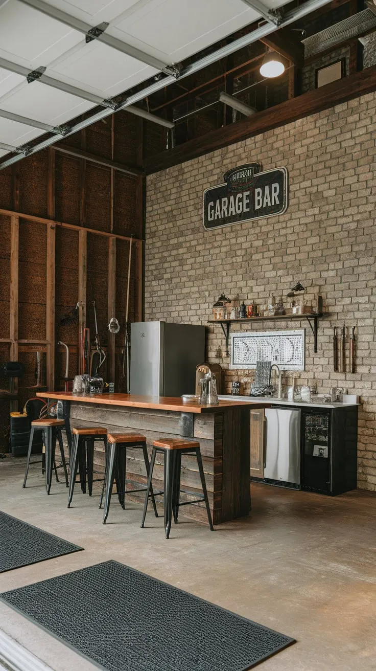 A rustic garage barndominium boasts a man cave atmosphere with exposed brick, a long bar, and vintage charm.