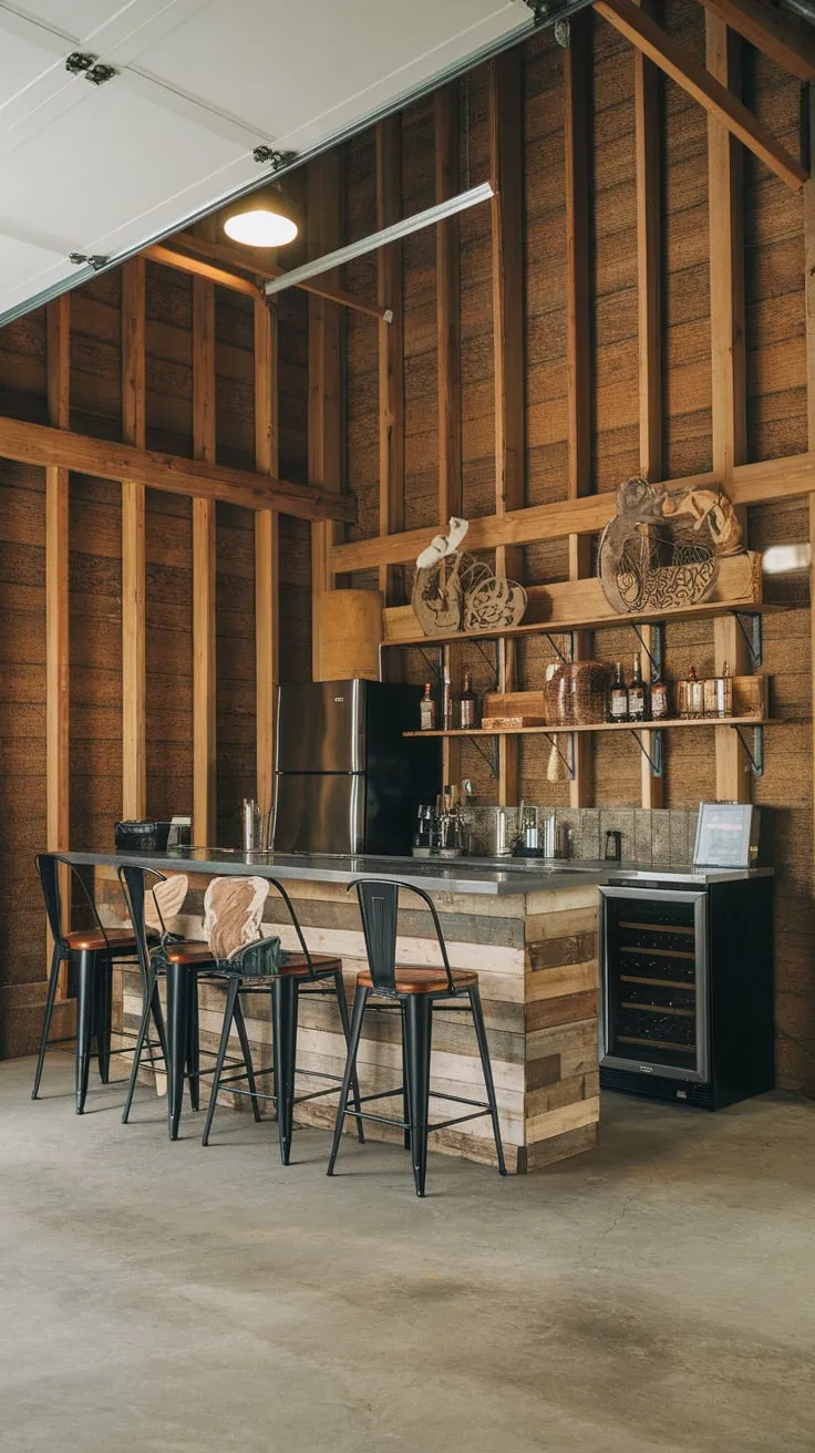 Industrial-style garage bar in a barndominium offers a cozy yet stylish space with wood walls, concrete floors, and ample shelving for drinks.