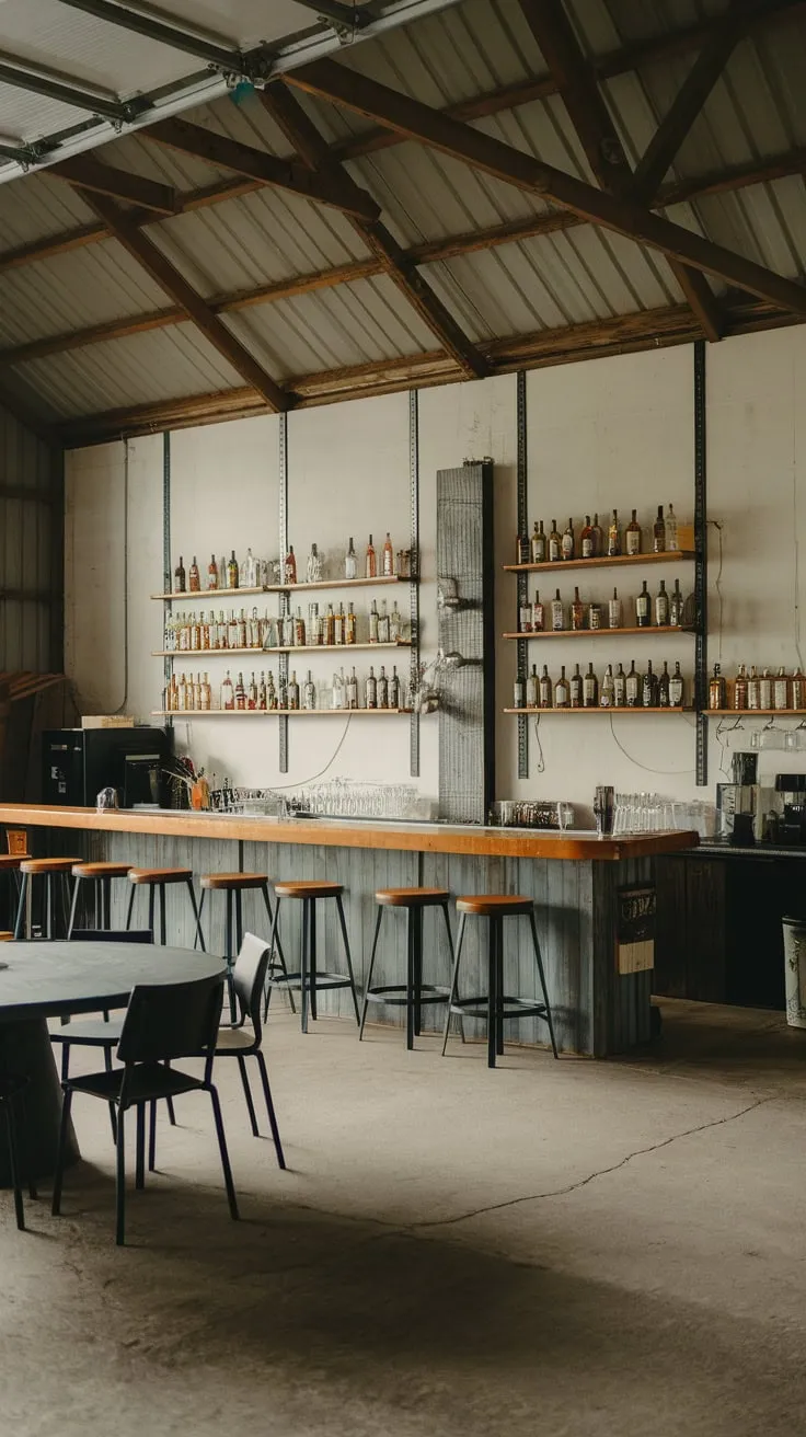Rustic charm meets industrial chic in this barn's garage bar, featuring a long wooden bar, stocked shelves, and ample seating in a bright, concrete-floored space.