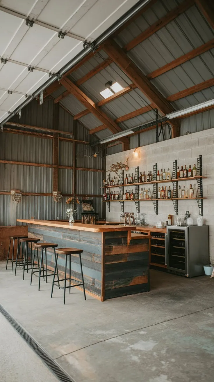 A rustic-industrial pole barn garage bar boasts a wooden counter, ample spirits, and a bright, party-ready atmosphere