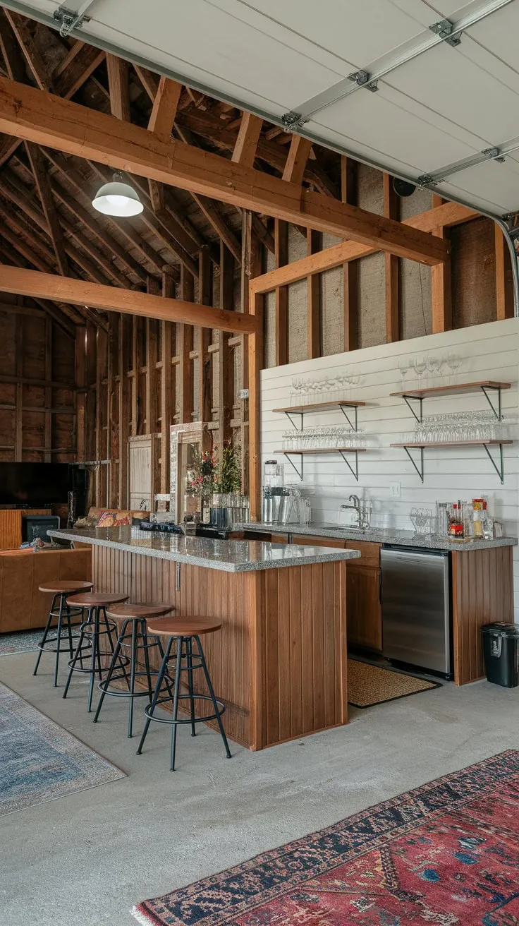 A converted barn offers a bright and inviting garage bar complete with stainless steel appliances, comfortable seating, and stylish rustic details.