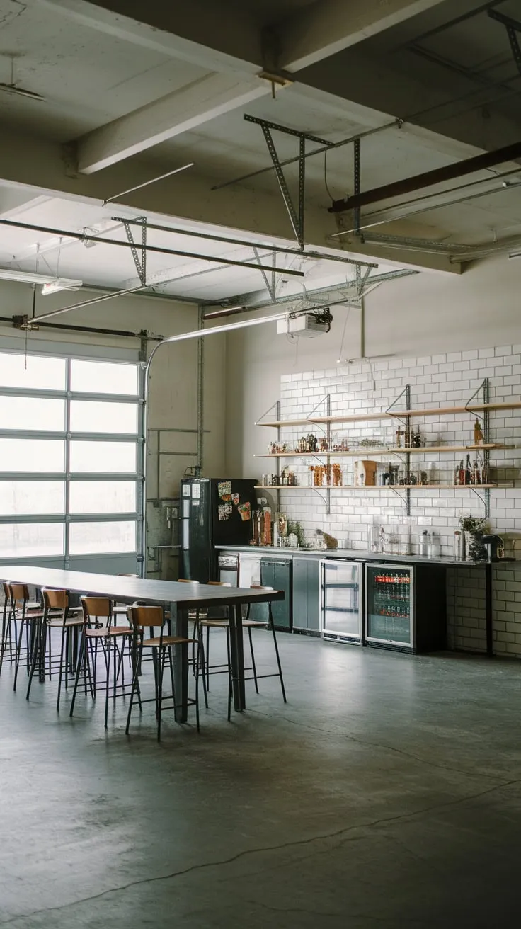 Bright lighting illuminates a concrete-floored space perfect for socializing, showcasing a unique blend of rustic and modern design.
