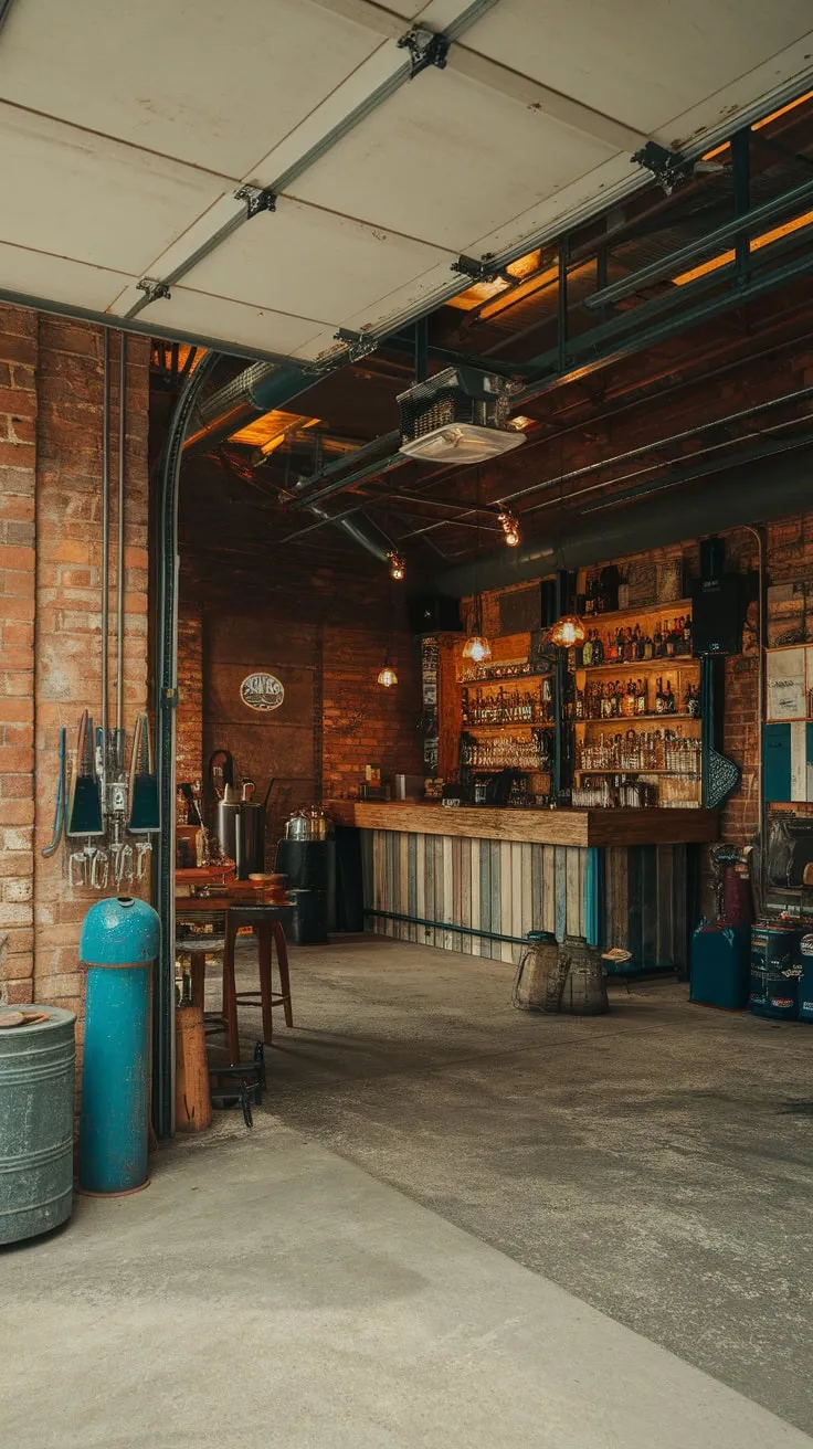 Rustic charm meets industrial grit in a high-ceilinged garage bar featuring exposed brick, concrete floors, and a wood bar counter