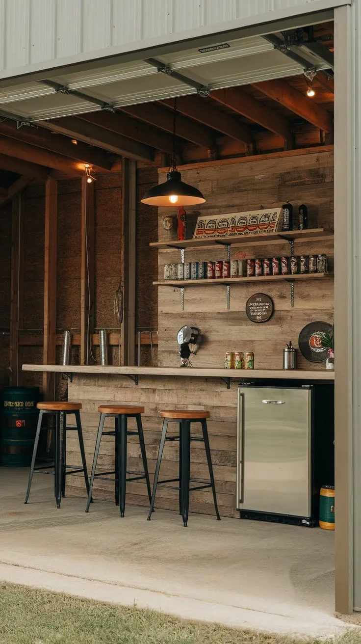 A man cave dreamscape awaits in this industrial-chic garage bar nestled within a barn, complete with a simple bar setup and rustic charm.