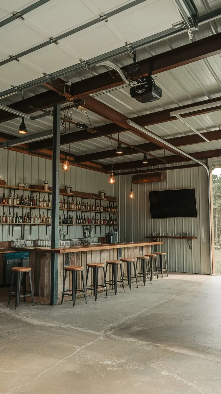 A repurposed garage boasts a high-ceilinged bar, complete with rustic charm and industrial accents.