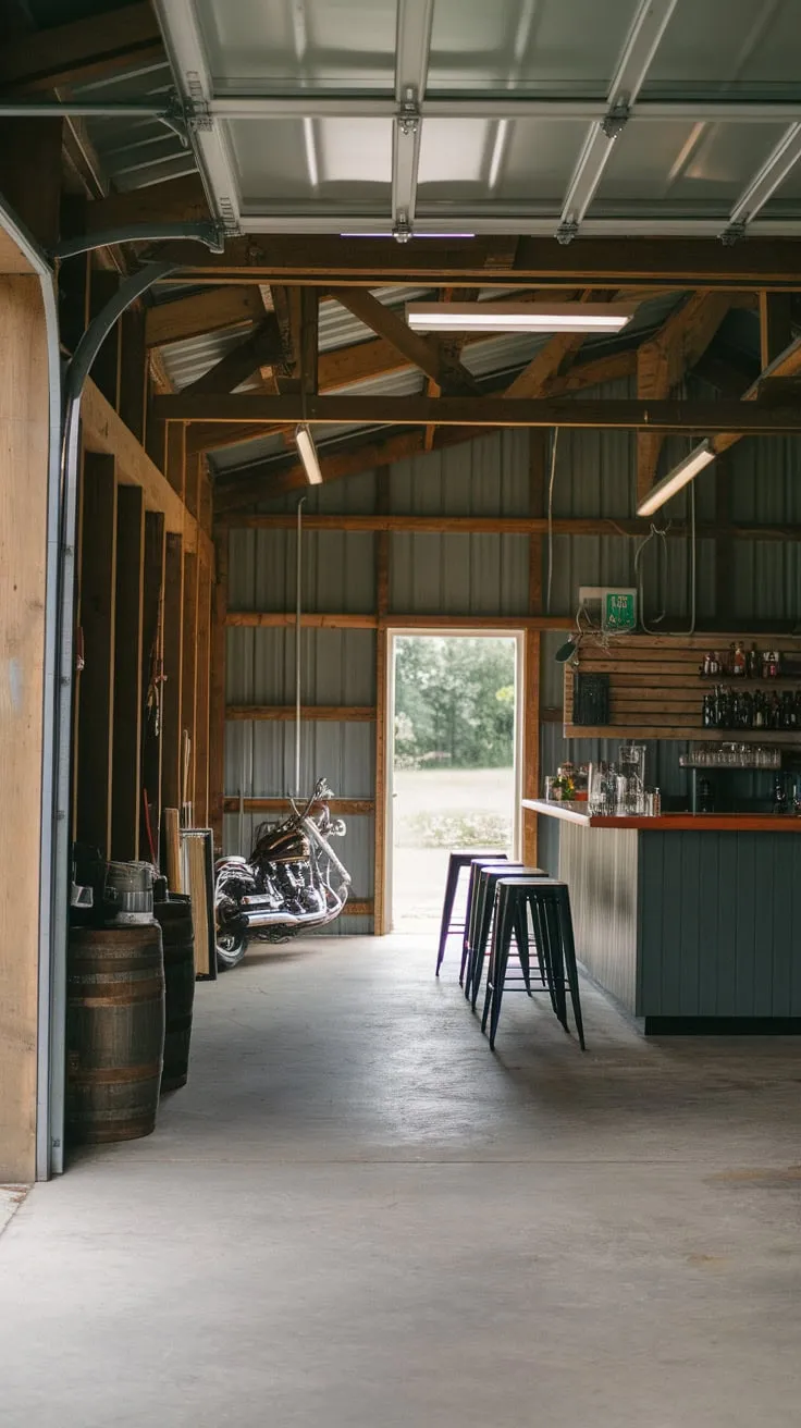 A barndominium's industrial garage bar, complete with exposed beams, a concrete floor, and a motorcycle, offers a bright and inviting space for socializing.