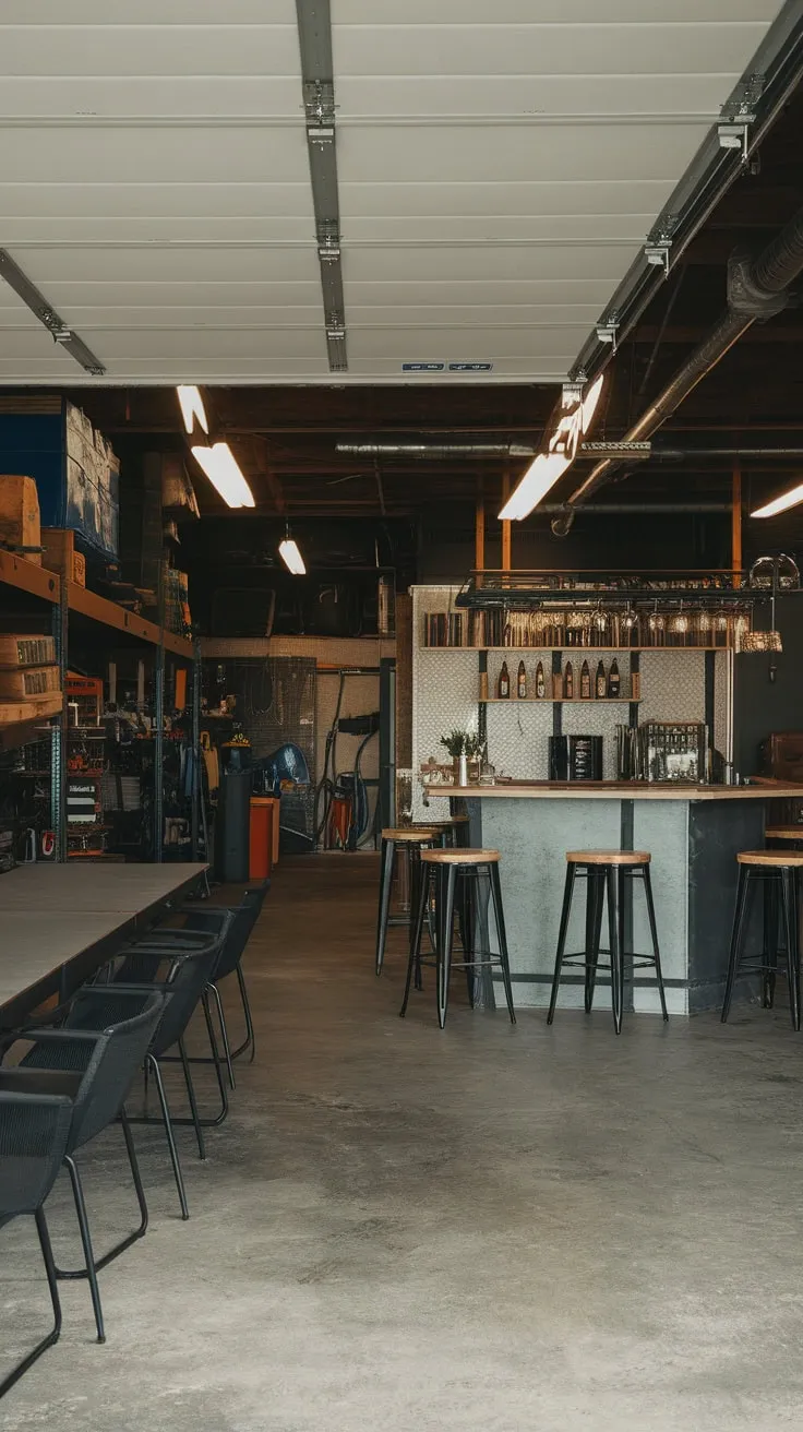 A converted garage boasts a unique blend of industrial grit and social hub, featuring a fully stocked bar amidst tools and equipment.