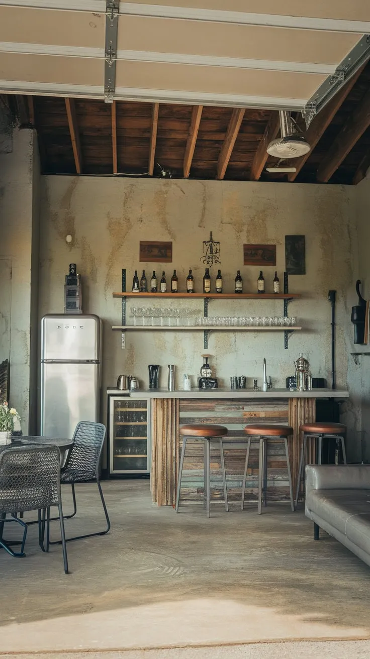 A rustic-industrial pole barn garage bar offers a man cave escape with a full bar, seating, and exposed beams.