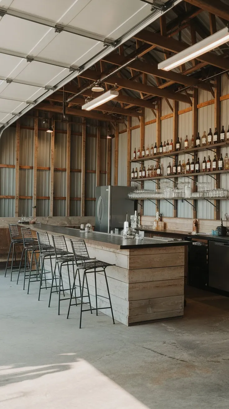 A bright, industrial-chic barndominium garage bar boasts a long counter, ample shelving, and concrete floors perfect for parties.