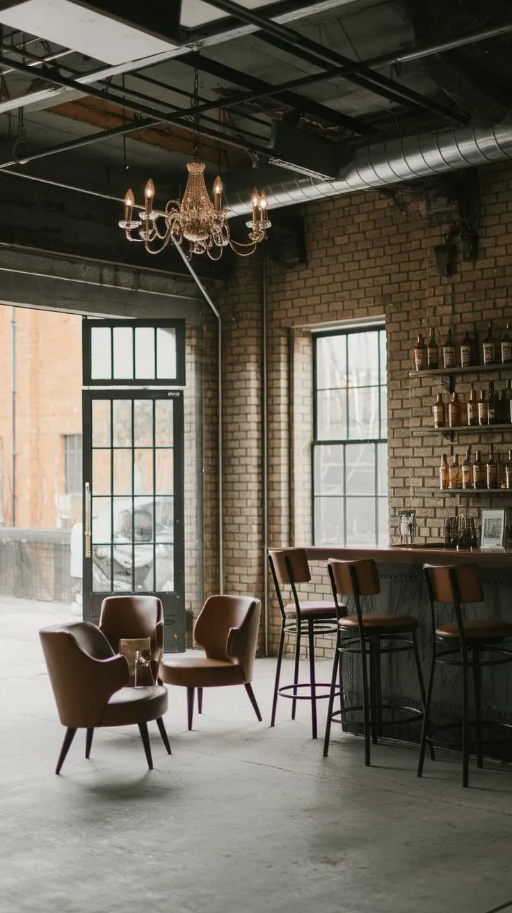 Industrial chic meets casual cool in this garage bar, complete with exposed brick, a chandelier, and a well-stocked bar