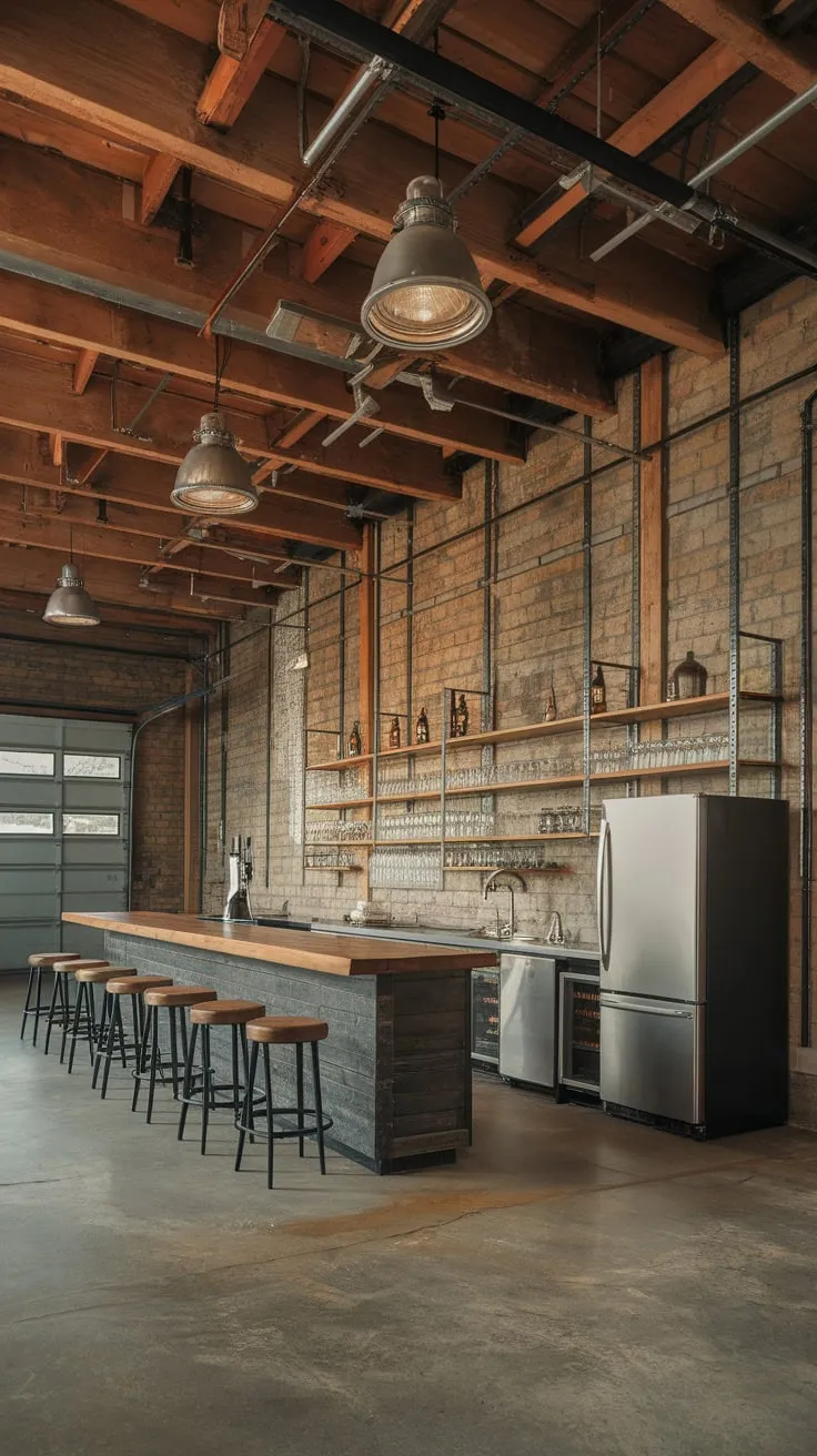 A high-ceilinged garage transformed into a stylish bar, complete with exposed brick, a concrete floor, and a fully stocked counter.
