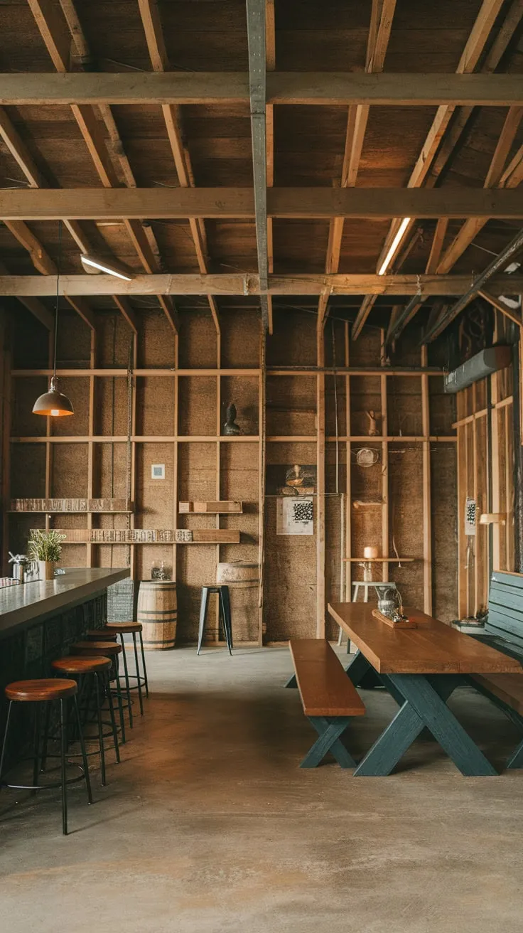 Rustic charm meets industrial cool in this garage barndominium, boasting a warm and inviting atmosphere perfect for gatherings