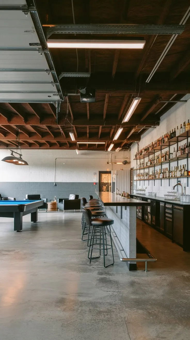 High ceilings and exposed beams highlight a stylish garage bar featuring a long counter, pool table, and ample bottle shelving