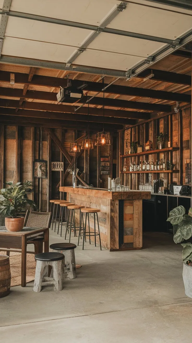 Rustic charm meets industrial cool in this converted garage bar, a man cave boasting a wooden bar, cozy seating, and warm lighting