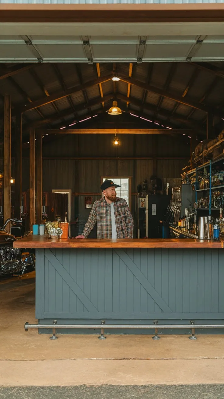 A rustic barn-style garage bar, warmly lit and featuring a gray bar top, a plaid-shirted bartender, and a vintage motorcycle, offers a unique and inviting atmosphere.