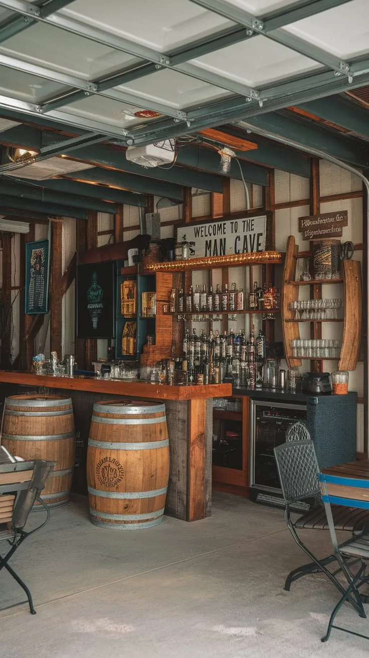 A rustic pole-barn garage transformed into a welcoming Man Cave bar, complete with wooden countertops, ample spirits, and comfortable seating.
