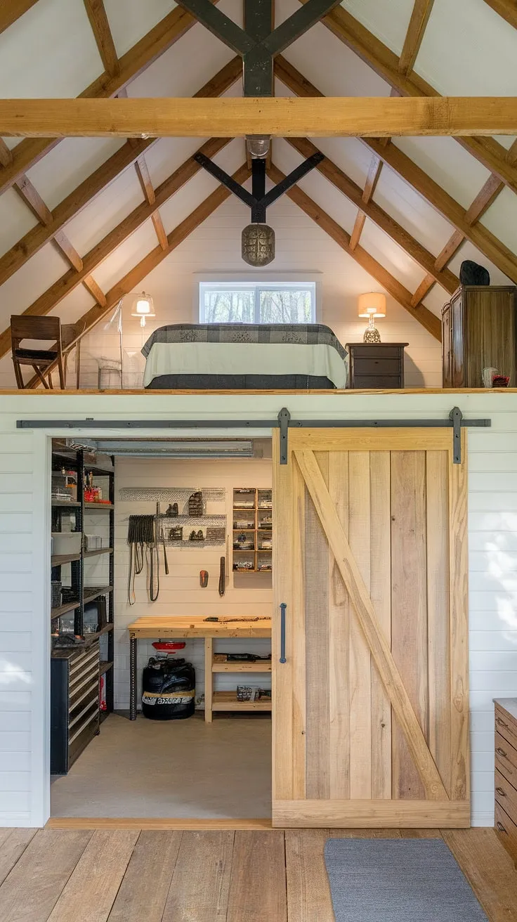 This barndominium garage with loft offers the ultimate blend of rustic charm and practical functionality. The upstairs garage ideas are brilliantly executed, creating a cozy bedroom with wooden beams and floors, while the downstairs garage shop with loft provides ample space for tools and projects. The sliding door cleverly separates the bedroom garage room, offering privacy and a seamless transition between living and working spaces. This loft with garage is a perfect example of extra garage ideas, maximizing space and creating a unique and versatile living area. Consider this rv garage with loft design for your own barndominium ideas garage.