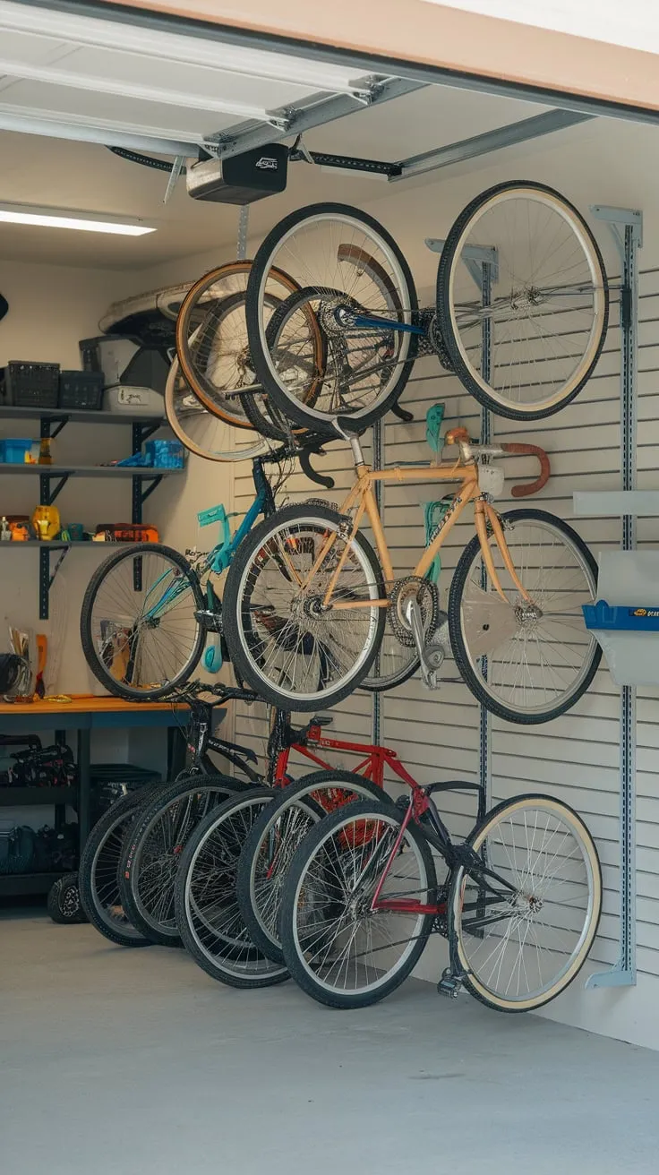 Clever vertical bike storage transforms a small garage into an organized workspace and bike haven.